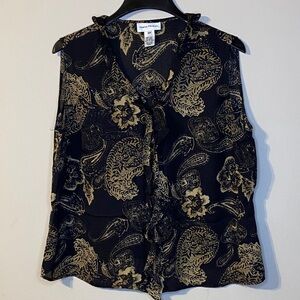 Rena Rowan Black and Gold Paisley Ruffled Blouse Size 16W